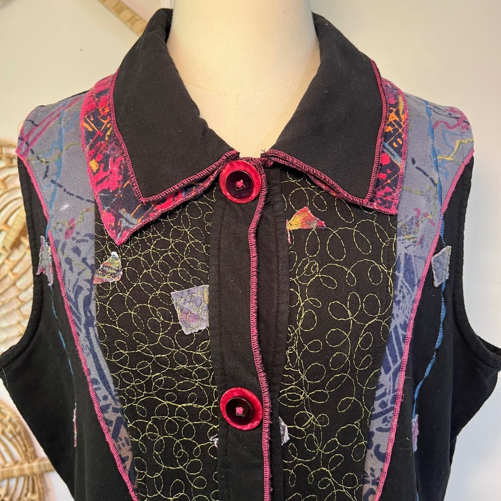 Parsley & Sage Art Patchwork Embroidered Button Front Vest XL Boho Lagenlook - Picture 3 of 8